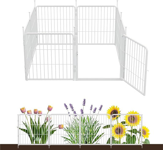 SunsGrove Garden Fence with Gate, 24 in(H) x 14.8 ft(L) 8 Panels Heavy Duty Metal Animal Barrier Fence for Yard, Suitable for Indoor or Outdoor Dog Pet Fence, Garden Fence Border, White