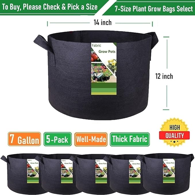 5-Pack 7 Gallon Thickened Plant Grow Bags (14x12 inch) Garden Bags Fabric Plant Pots for Tomato,Potato Planter Bag,Herbs Veggies Planters,Flower Pot,Garden Pot,Barrel Planter,Plant Container W/ Gloves