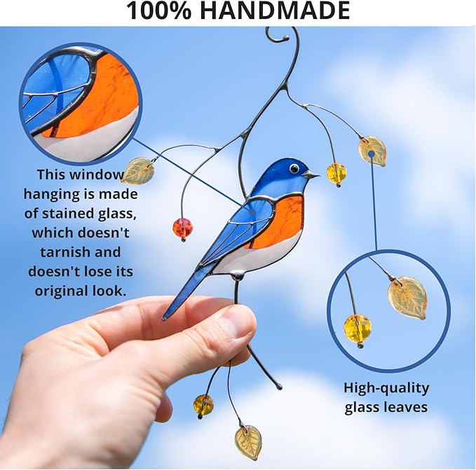 Gift Birds Handmade Stained Glass Suncatcher Genuine Stained Glass Window Hangings Unique Indoor Ornament & Outdoor Decor (Bluebird)