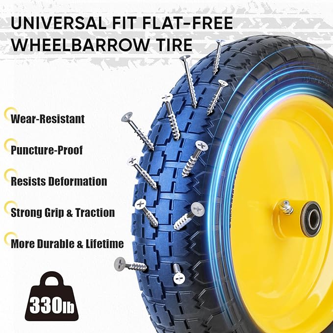TICONN 4.80/4.00-8 Tire, 14.5" Flat Free Wheelbarrow Tire and Wheel, Solid Replacement Tires with 3" Centered Hub, 5/8" 3/4" Bearings, Universal Fit 4.80/4.00-8, 3.50/3.00-8, 4.00-6 (Yellow)