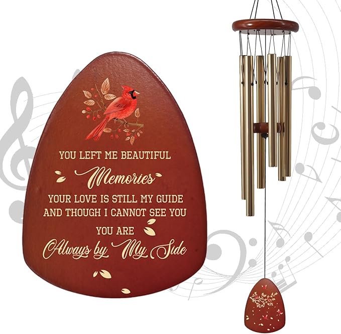 Wind Chimes for Loss of Loved One 32", Cardinal Wind Chimes in Memory of a Loved One, Cardinal Memorial Gift, Sympathy Bereavement Condolence Gift,Wooden,Golden