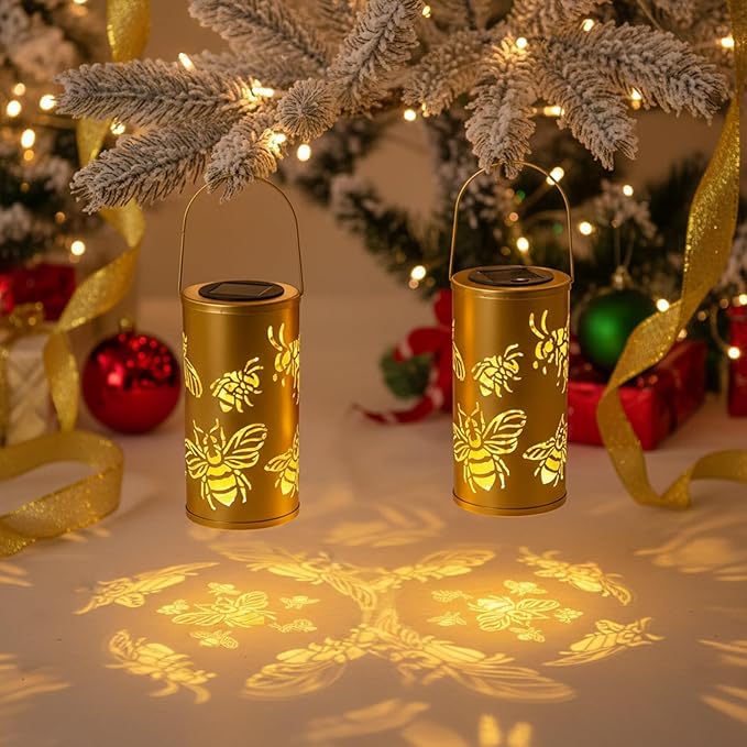 2pack Large Size Solar Laterns Outdoor Waterproof Metal Bee Patterns Garden Decor Gifts for Women Mom Grandma Hanging Solar Lights Decoration Outside for Yard, Patio, Backyard, Porch