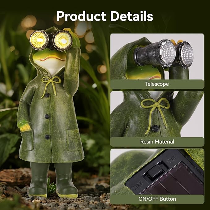 Solar Garden Statues Decor Frog with LED Lights and Telescope, Outdoor Garden Statues, Frog Statue for Patio, Balcony, Housewarming, Yard Ornaments Gifts for Women