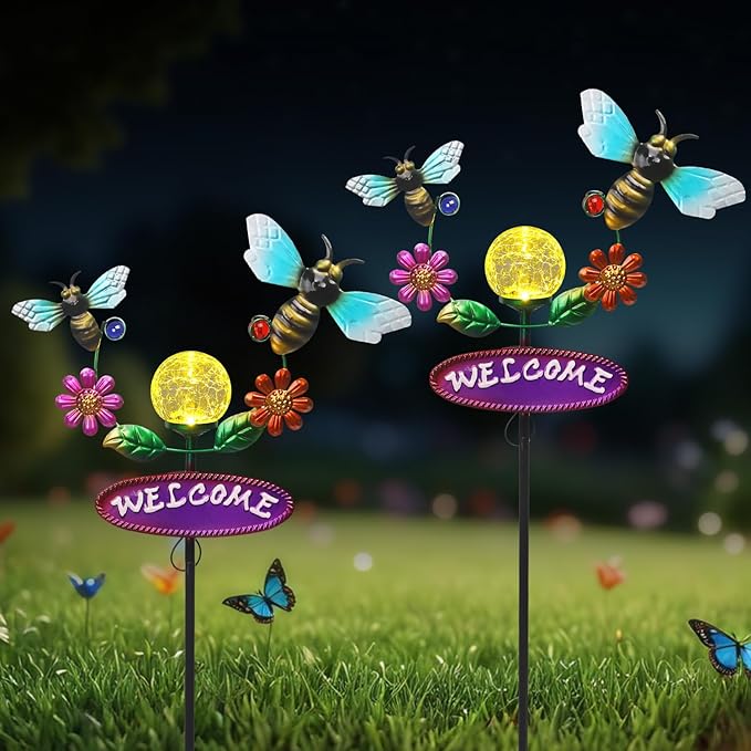 Solar Garden Stakes Metal Welcome Signs for Outside 31.1', 2 Flying Bees with Cracked Glass Ball,Decorative Garden Stakes for Lawn, Patio, Bee Gifts for Women