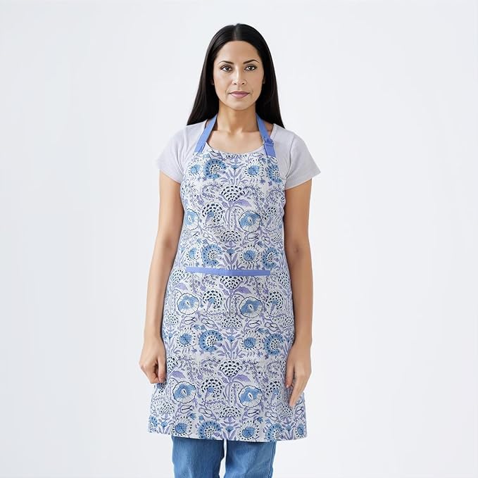 CPC Cotton Floral Kitchen Apron for women with Pocket and Adjustable Neck Ties. Apron for Women Men Chef-Hand Block Printed