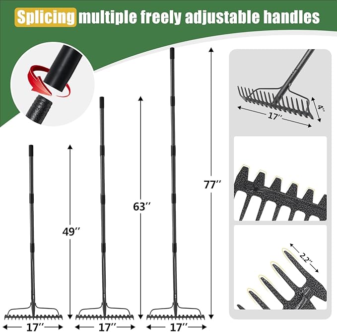 49'' Bow Rake ，17 Tines Metal Head Rakes with Stainless Steel Handle，Heavy Duty Garden Rakes for Loosening Soil Gathering Leaf Leveling Lawn Farming Land Management Yarn Thatch