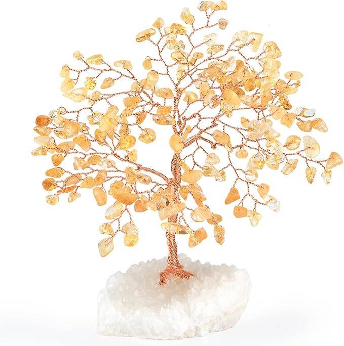 Natural Citrine Gemstone Crystal Tree of Life,Clear Quartz Cluster Base,Bonsai Money Tree Feng Shui Home Decor,Healing Crystals Positive Energy for Luck and Wealth 5.5"-6.3"