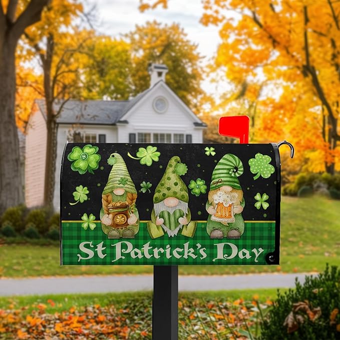 St Patricks Gnomes Mailbox Cover - Shamrock Mailbox Covers Magnetic Standard Size 21x18 in -Decoration for Garden - Green Clover