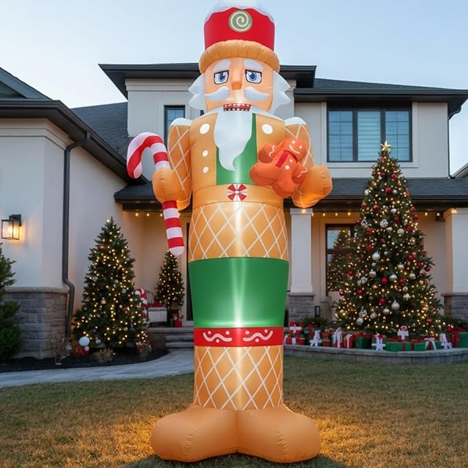 8 FT Christmas Inflatables Outdoor Decorations Nutcracker with Little Gingerbread Man Hold Candy Cane Blow Up Yard Decoration with Built-in LEDs for Xmas Holiday Outside Garden Lawn Yard Decor