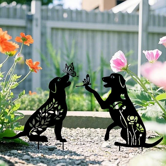 WONDER GARDEN Metal Dog Decor for Outside - 2 Pack Garden Stakes Decorative, Black Dog Silhouette Statues Lawn Ornaments Yard Patio Decor Women Men Mom Gifts