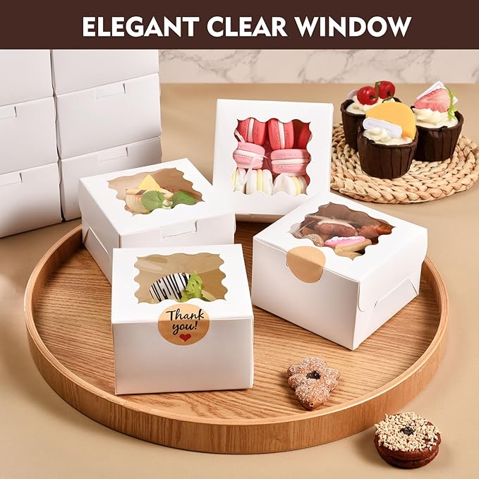 48 Pcs Cookie Boxes with Window, 4x4x2.5 Inches White Bakery Boxes with Stickers & Parchment Paper for Cookies Treats Desserts Donuts Pastry Macaroon, Gift Giving Party Wedding Favor