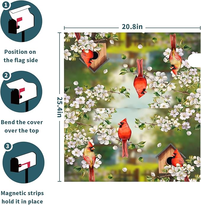 Spring Birds Floral Magnetic Mailbox Cover Colorful Summer Birdhouse White Flowers Mailbox Wrap Post Cover Large Size 25.5x21 Inch for Garden Yard Outdoor Outside Seasonal Decor