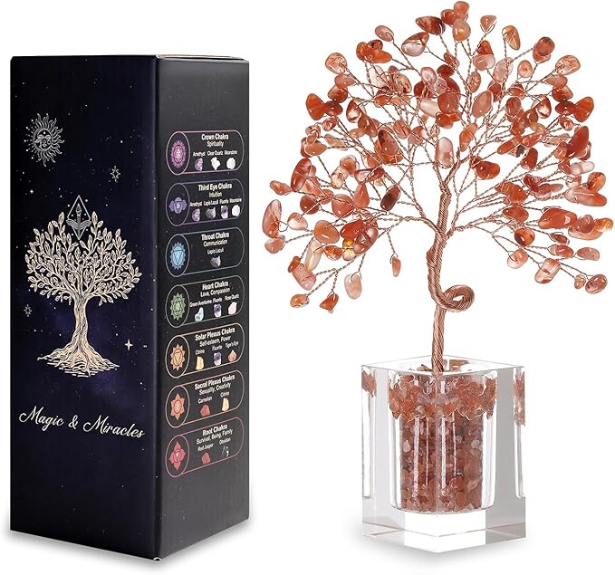 Crystal Tree for Home Decor 6.5 Inch Carnelian Gem Plant with 147 Stones Spiritual Decor Healing Energy Bonsai Tree Handmade Gift for Meditation Room Office Women & Men