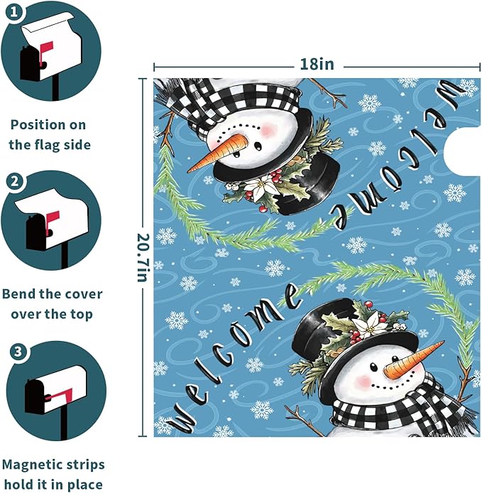Winter Mailbox Covers Magnetic Standard Size Welcome Christmas Snowman Buffalo Plaid Blue Mailbox Wraps Seasonal Outdoor Decorative Letter Box Cases for Home Garden Outside Decor, 21x18 Inch