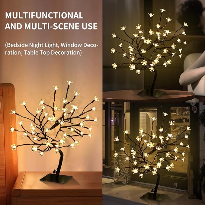 2PK Cherry Blossom Tree Lights,Artificial Bonsai Tree with 48 Warm White Led Lights, 16.2 Inch Prelit Cherry Blossom Lamp for Christmas Party Wedding Gift Home Tabletop Decoration