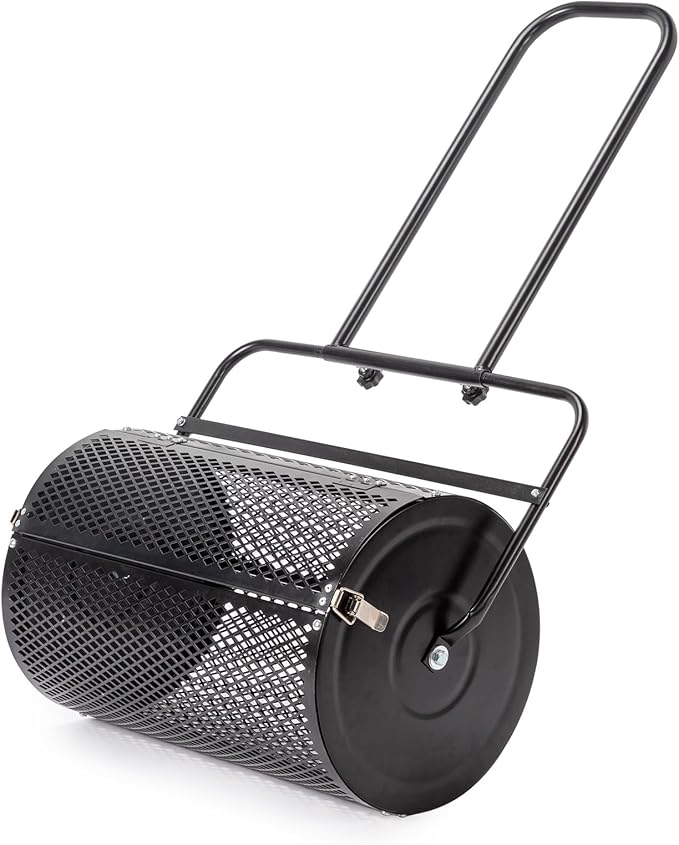 Outvita Compost Spreader, 24" Wide Lawn and Garden Peat Moss Roller with Side Latches, Powder Coated Steel Mesh Basket for Spreading Manure Mulch Topsoil
