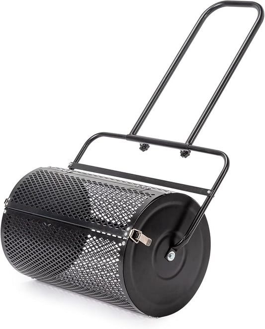 Outvita Compost Spreader, 24" Wide Lawn and Garden Peat Moss Roller with Side Latches, Powder Coated Steel Mesh Basket for Spreading Manure Mulch Topsoil