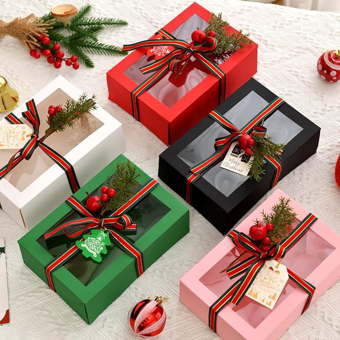 12 Pack Christmas Gift Boxes with Clear Window, brown Christmas Gift Boxes with Ribbon, Pine Sprigs & Berry Decorations for Holiday Wrapping, 8.7x5.9x2.8 Inch (brown)