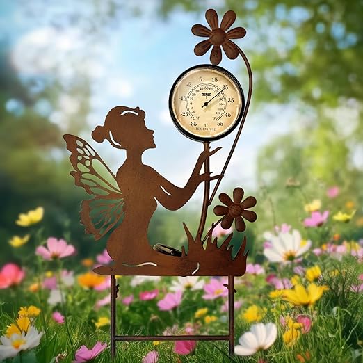 HONGLAND Solar Outdoor Temp Stakes Outdoor Thermometers for Outside Metal Fairy Waterproof Patio Lawn Temperature with Solar Warm LED Lights for Yard and Garden, Holiday Gifts for Woman