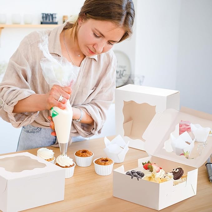 30pcs Cookie Boxes with Window, 6x6x3 Inches White Bakery Boxes, 36 Pcs Stickers,for Small Cookies, Treats, Candy, Desserts, Chocolate Covered Strawberries,Mini Cake Boxes