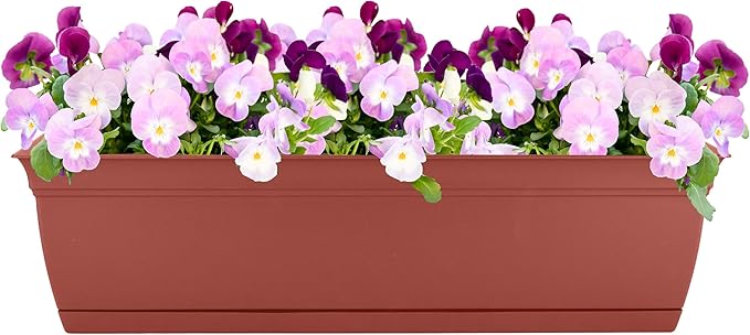 The HC Companies 24 Inch Eclipse Window Planter Box with Drainage Holes & Attached Saucer, Lightweight UV-Resistant Plastic Outdoor Planters, 2-Pack Flower Box for Garden & Home Decor, Clay