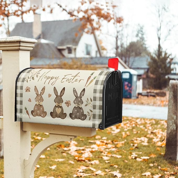 Happy Easter Mailbox Cover, Magnetic Standard Size 21x18 Inches, Spring Bunny Rabbits Egg Carrot Mailbox Wrap Post Cover with Buffalo Plaids for Garden Yard Outdoor Home Decor