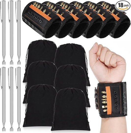 Minatee 12 Pcs Gifts for Christmas Magnetic Wristband Retractable Magnetic Pickup Tool Magnet Wrist Belt Tool Holder with 15 Magnets for Holding Screws Nails Drilling Bits for Men Dad Husband