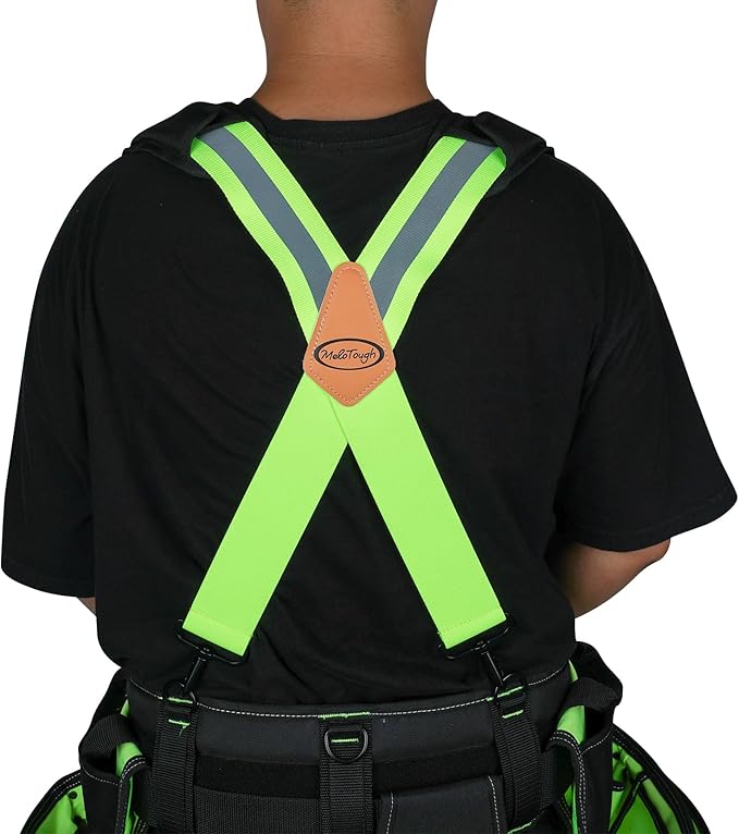 MELOTOUGH High Visibility Tool Belt Suspenders Safety Reflective Tool belt Harness for Heavy Duty Work belt with Movable shoulder Pads, Quick lobster clasp (4 point support with high visibility)