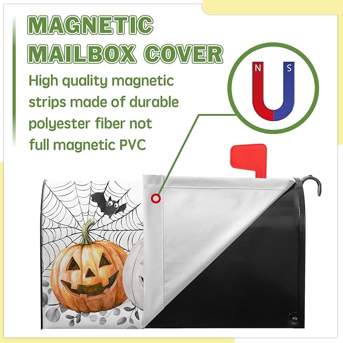 Halloween Pumpkin Mailbox Covers Bat Spider Web Mail Box Cover Magnetic Standard Size 21x18 inch Fall Autumn Post Letter Box Cover Outdoor Decor for Garden Eucalyptus Leaf