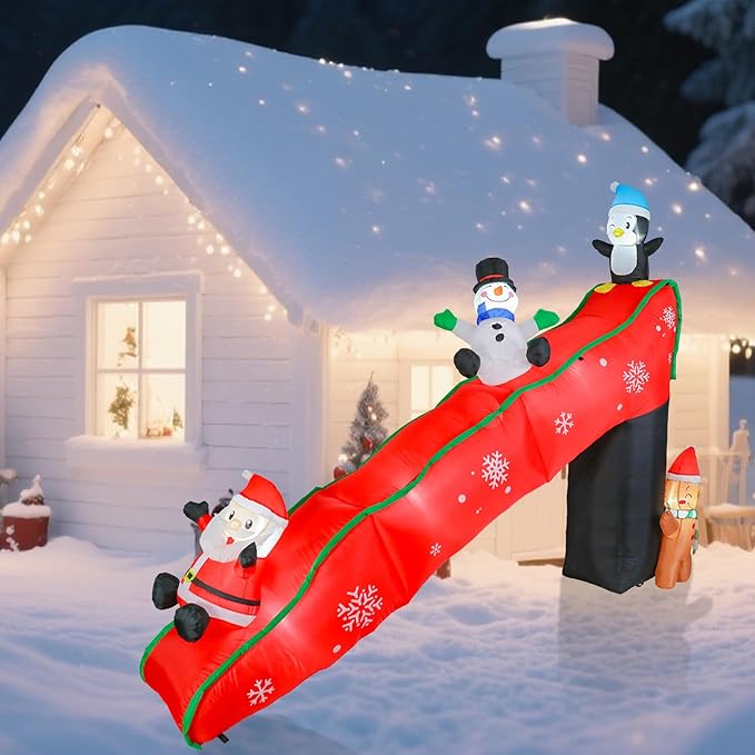VCUTEKA Christmas Inflatables Outdoor Decorations, 9.7FT Snowy Slide with Santa, Snowman, Penguin, Gingerbread Man, Animated Christmas Inflatable Yard Decoration LED Lights for Holiday Lawn Garden