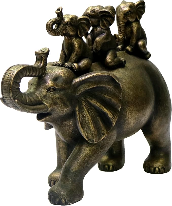 Nature's Mark 8" H 3 Baby Elephants Riding an Elephant Resin Statue Figurine Home Decorative Accent Decor (Bronze)