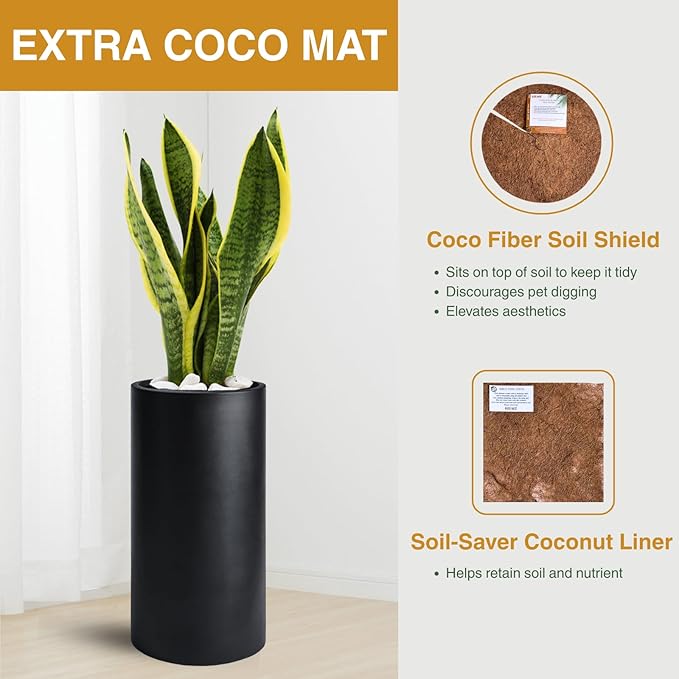 19.5"H x 9.8"D Tubo Fiberstone Cylinder Tall Planter, Christmas Tree Planter, Smooth Finishes, Weather Resistant for Indoor & Outdoor Use, Included 2 Extra Coco Mats (Black,8.2" Pot Opening)