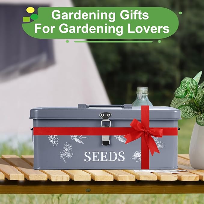 FACULX Seed Organizer Storage Box, Seed Saver Kit with 40 Plant Labels and 40 Seed Envelopes, Metal Seed Storage Organizer, Seed Saving Box, Seed Packet Container, Large, Grey