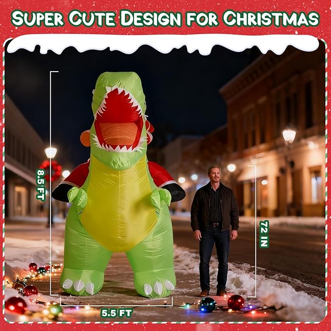 8.7x8FT Christmas Inflatable Santa Claus Ride on Dinosaur, Christmas Inflatables Santa Outdoor Decoration with LED Lights, Inflatable Christmas Decorations Xmas Party Decor