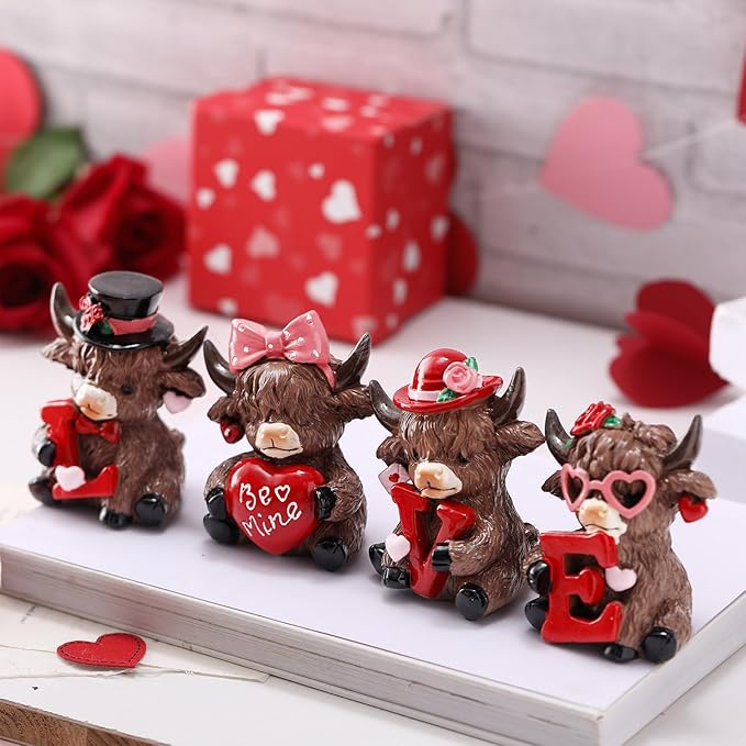 Sosation 4 Pcs Love Highland Cow Figurines Valentines Day Highland Cow Gnomes Heart Scottish Resin Statue Calf Lovers Gifts for Home Garden Kitchen Office Tiered Tray Table Decor