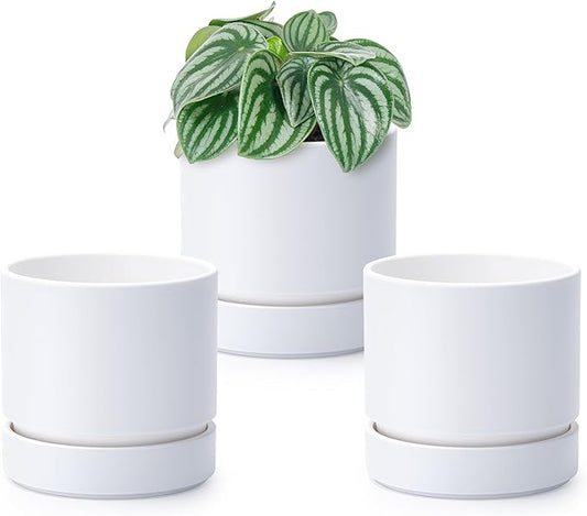 4 Inch Modern Plastic Round Pots for Indoor Houseplants and Herbs, Pack of 3 Planter Pot with Drainage Hole & Saucer, Deep Water Catch Tray, Straight Cylindrical Pot for Plants, Matte White, 23-D-R-1