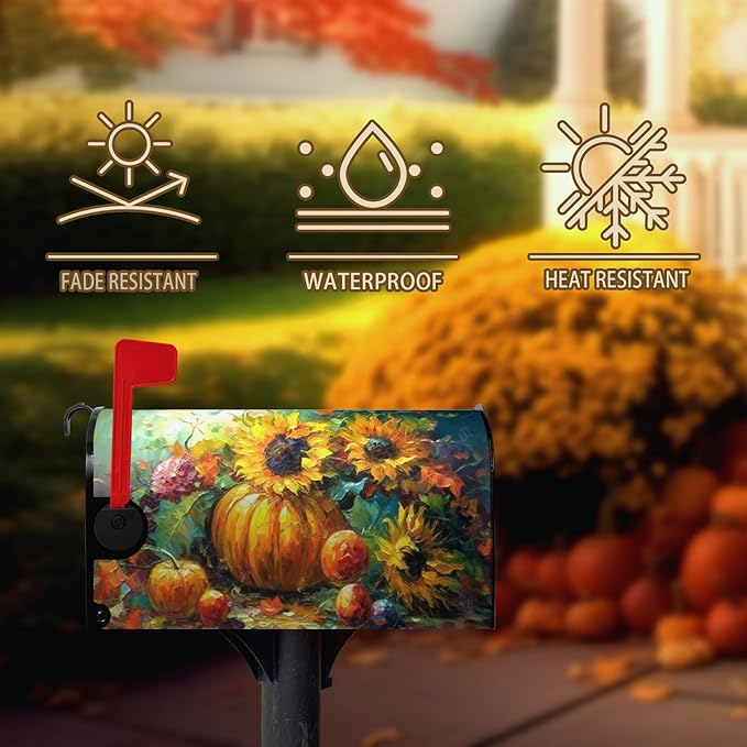 Fall Thanksgiving Magnetic Mailbox Cover Harvest Pumpkin Mailbox Wraps Waterproof Daisy Floral Mailbox Post Letter Box Covers Oversize Large Size 25.5 X 21 Inches for Home Garden Yard Outside