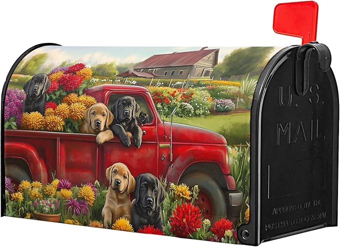 21"x18" Spring Truck Dogs Magnetic Mailbox Cover Summer Floral Puppy Decorative Mailbox Wrap Post Cover Waterproof Standard Size for Garden Yard Outdoor Outside Patio Farmhouse