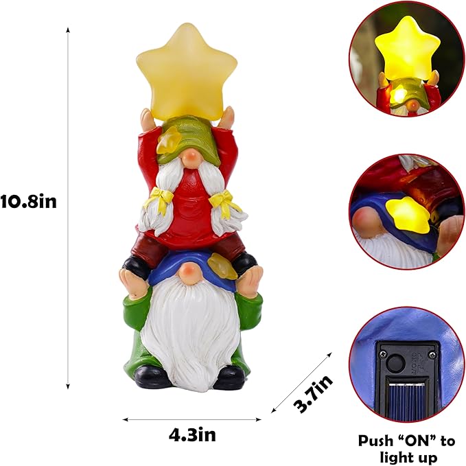 Solar Garden Gnomes Outdoor Statue with Solar Lights, 11" Figurine Lights Solar Garden Outdoor Decorations for Patio,Yard,Lawn Ornament，Mom Gift Unique Housewarming Gifts