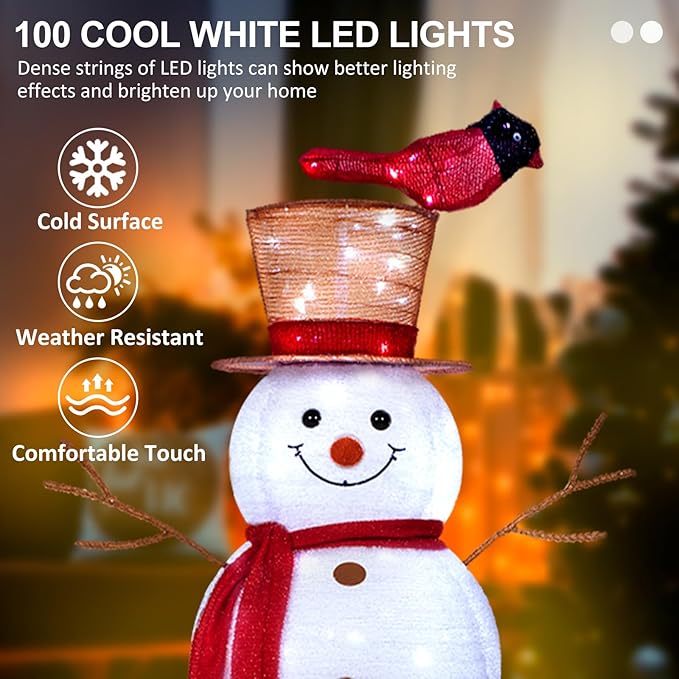 4FT Lighted Snowman Outdoor Christmas Decorations, Pop-Up Christmas Décor with Build-in 100 LED Lights, Collapsible Snowman with Top-Hat Scarf, Decoration for Porch Lawn Entryway
