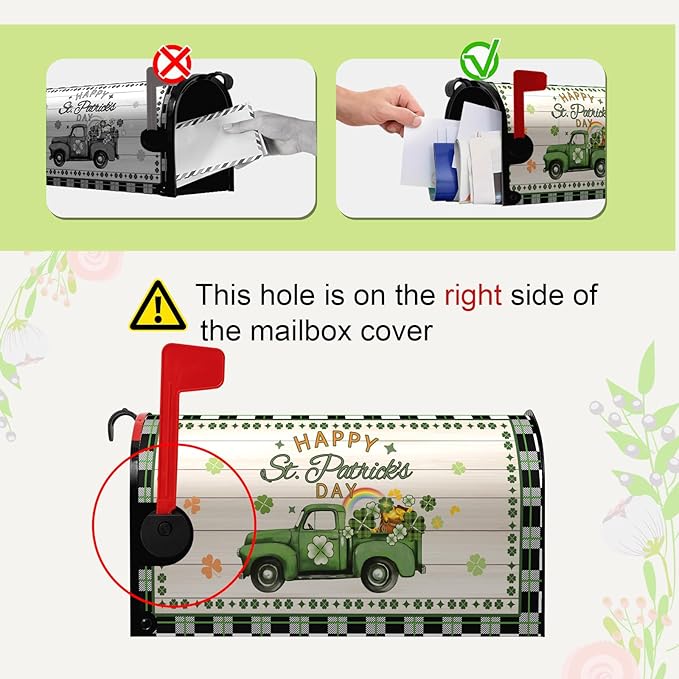 St Patrick Mailbox Covers Magnetic Standard Size Happy St.Patrick's Day Green Truck Shamrocks Rainbow Mailbox Post Cover Buffalo Plaid Gold Coin Clover Mailbox Wrap Decor Waterproof 21X18 inch
