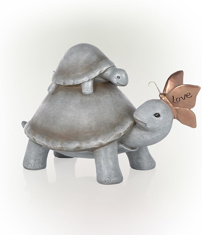 Alpine Corporation ZEN906 Mother and Baby Turtles with Love Butterfly Indoor Outdoor Decorative Garden Statue, 14" Long, Gray