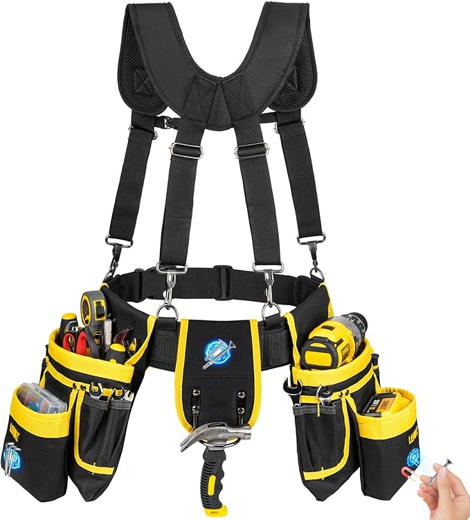 Tool Belt with Suspenders,27-Pockets Heavy Duty Tool Belts for Men with Magnetic Tool Pouch,Detachable & Adjustable Work Belt Bag for Electrician,Carpenter,Construction,Utility Toolbelt,Black,Yellow
