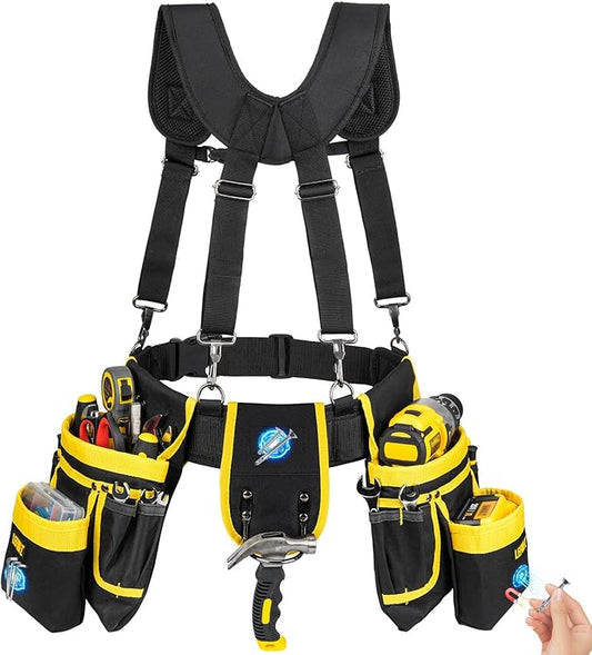Tool Belt with Suspenders,27-Pockets Heavy Duty Tool Belts for Men with Magnetic Tool Pouch,Detachable & Adjustable Work Belt Bag for Electrician,Carpenter,Construction,Utility Toolbelt,Black,Yellow