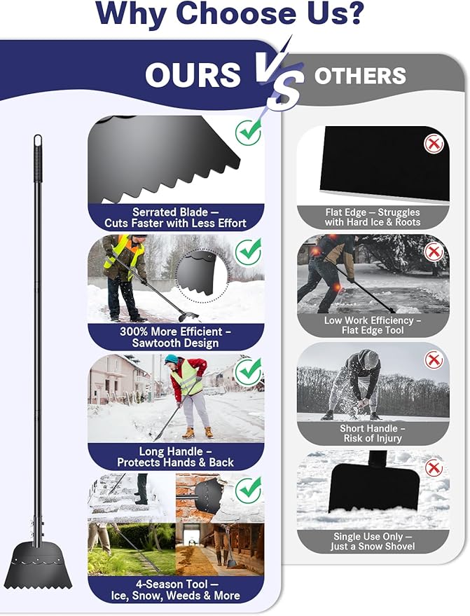 Wavy Blade Ice Scraper with Long Handle 57" Adjustable Snow Shovel Ice Chopper Weed Remover Tool for Gardening Driveway Floor Scraper & Root Cutter Digging Shovel Multifunctional Cleaning Garden Tool