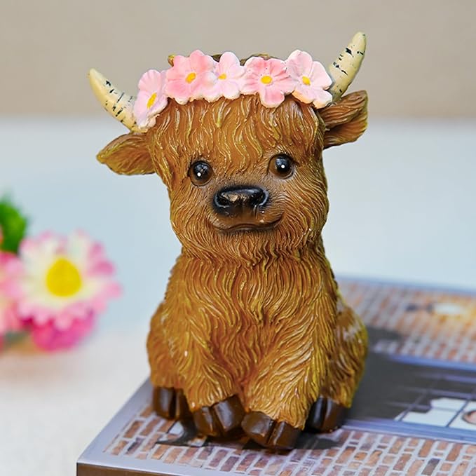 Highland Cows Themed Gifts for Women,Cute and Cozy Resin Yak Figurine with Floral Crown - Perfect Rustic Home Decor Accent