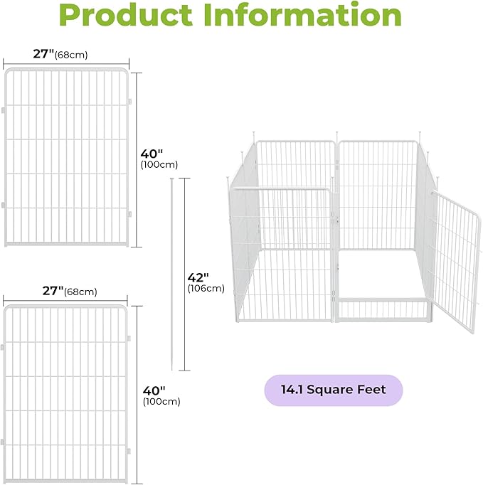 SunsGrove Tall Garden Fence with Gate, 40 in(H) x 17.8 ft(L) 8 Panels Heavy Duty Metal Animal Barrier Fence for Yard, Suitable for Indoor or Outdoor Dog Pet Fence, Garden Fence Border, White