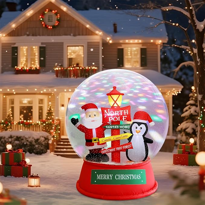 Juegoal Christmas Inflatables Decorations Outdoor, 6FT Inflatable Xmas Snow Globe with Built-in Rotating Lights, Lighted Blow Up Santa & Penguin in Snowing Globe for Holiday Winter Lawn Yard Garden