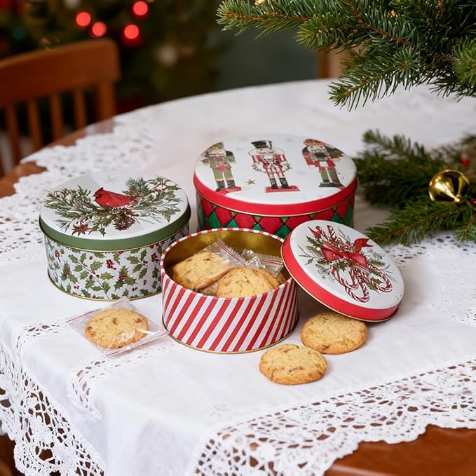 Christmas Cookie Tin Set of 3 Decorative Metal Storage Tin Boxes with Lids for Home Decor Memory Boxes for Keepsakes and Photos(GreenRed)