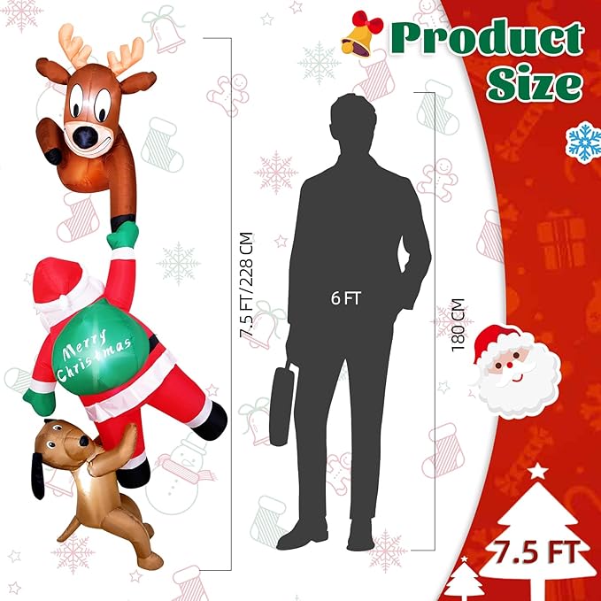 7.5 Ft Christmas Inflatable Outdoor Decoration, Hanging Christmas Inflatables Climbing Santa with Reindeer and Dog, Blow Up Inflatable with Build-in LEDs for Xmas Party Roof Yard Garden Lawn Decor